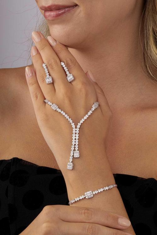 Baget Taşlı Rodyum Kaplama Su Yolu 925 Ayar Gümüş Düğün Set