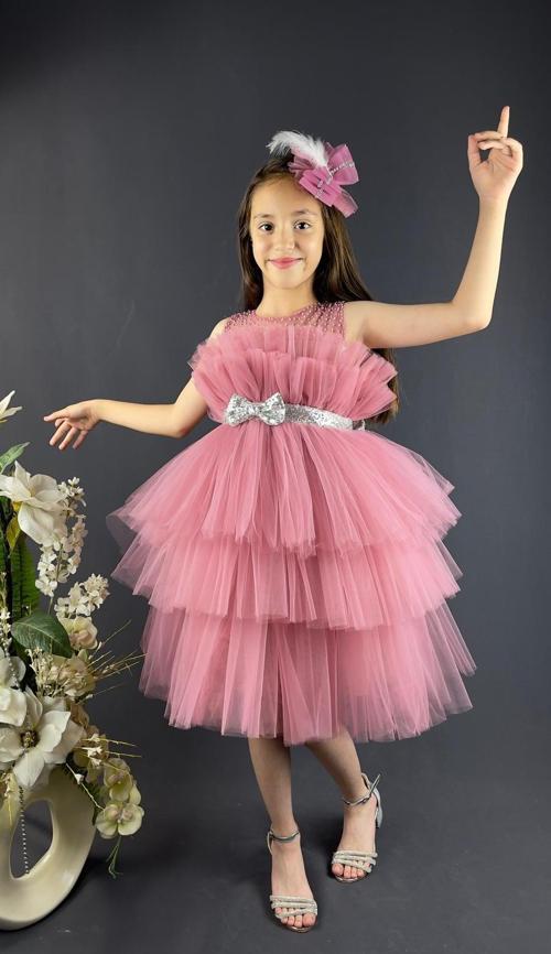 Katkat Tüllü Buket Model Kız Çocuk Özel Gün Abiye PEMBE