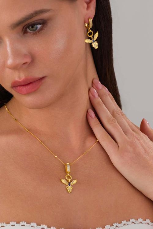 Safir Taşlı Altın Kaplama Anka Kuşu 925 Ayar Gümüş Set