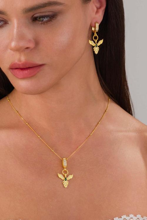 Zümrüt Taşlı Altın Kaplama Anka Kuşu 925 Ayar Gümüş Set