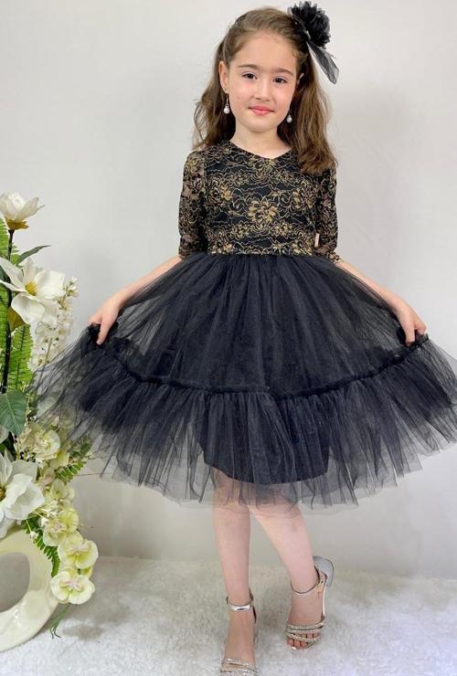 Kordone Dantel Sırt Fermuarlı Kız Çocuk Tütülü Abiye SİYAH
