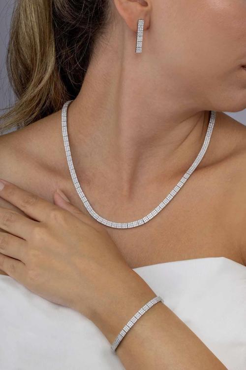 Beyaz Altın Kaplama 3 Sıra Su Yolu 925 Ayar Gümüş Düğün Seti