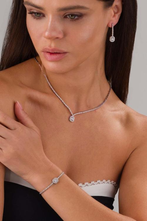 Baget Taşlı Rodyum Kaplama 925 Ayar Gümüş Düğün Seti