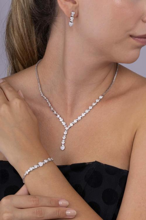 Rodyum Kaplama 925 Ayar Gümüş Kalpli Süzme Su Yolu Gümüş Düğün Seti