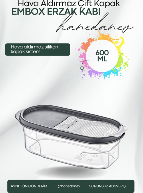 Embox Çift Kapak Sistemli Erzak Kabı - Hava Aldırmaz Kapaklı Saklama Kabı 600 ML 9 x 6 Cm