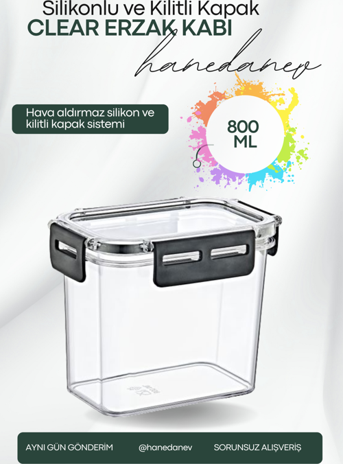 Clear Dikdörtgen Erzak Kabı - Silikonlu ve Kilitli Kapaklı Saklama Kabı 800 ML 14 x 11,5 Cm