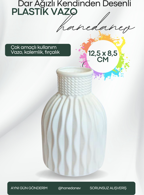Kendinden Desenli Dar Ağızlı Plastik Vazo - Çok Amaçlı Kalemlik Fırçalık Vazo 12,5 x 8,5 Cm