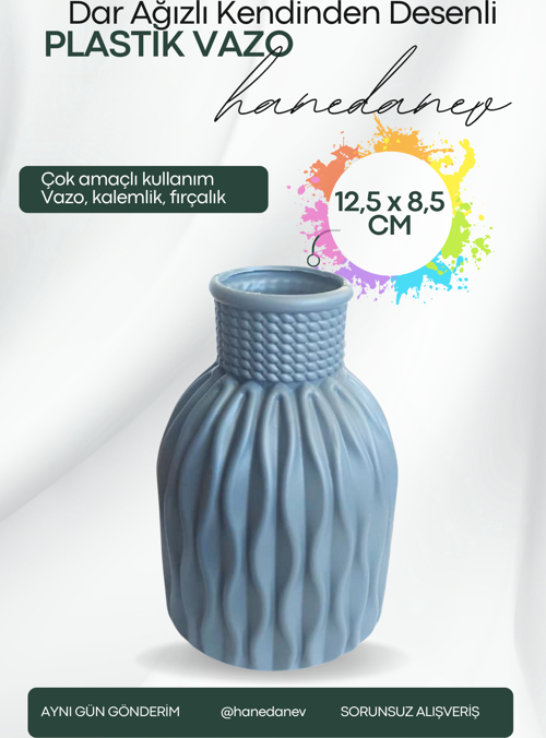Kendinden Desenli Dar Ağızlı Plastik Vazo - Çok Amaçlı Kalemlik Fırçalık Vazo 12,5 x 8,5 Cm