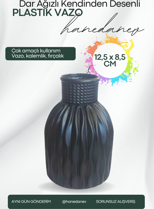Kendinden Desenli Dar Ağızlı Plastik Vazo - Çok Amaçlı Kalemlik Fırçalık Vazo 12,5 x 8,5 Cm