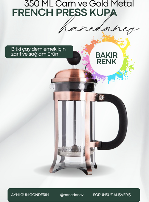 Metal French Press Bakır Renk 350 ML Bitki Çay Demleme Kupası 350 ML 9129