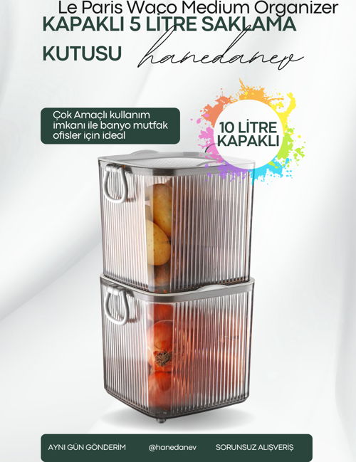 2 Katlı Waco Large Organizer Akrilik Lüx Patates Soğan & Deterjan Saklama Kabı Kapaklı 10 Litre