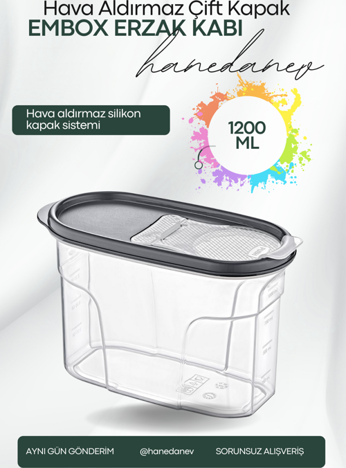 Embox Çift Kapak Sistemli Erzak Kabı - Hava Aldırmaz Kapaklı Saklama Kabı 1200 ML 12 x 20 Cm