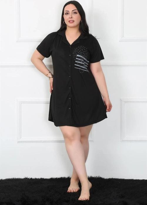 Giyim Büyük Beden Penye Düğmeli Siyah Tunik Gecelik