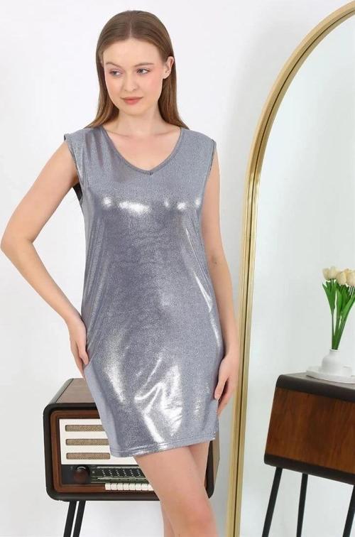 Giyim Kadın Kalın Askılı Kısa Parlak Micro Ev Elbisesi Gecelik Gri