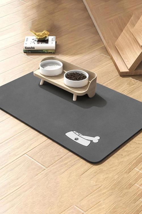 Evcil Hayvan Beslenme Matı Kemikli Su Geçirmez Kaymaz Gri Kedi Köpek Mama Paspası 50x70cm