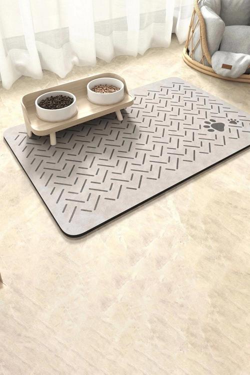 Evcil Hayvan Beslenme Matı Çizgi Patili Su Geçirmez Krem Kedi Köpek Mama Paspası 50x70cm