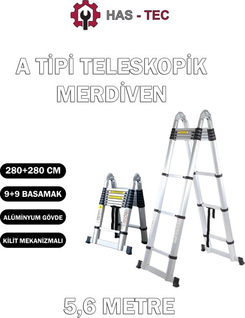 9+9 Basamaklı Çift Taraflı A Tipi Uzayan Teleskopik Merdiven 5,6 m