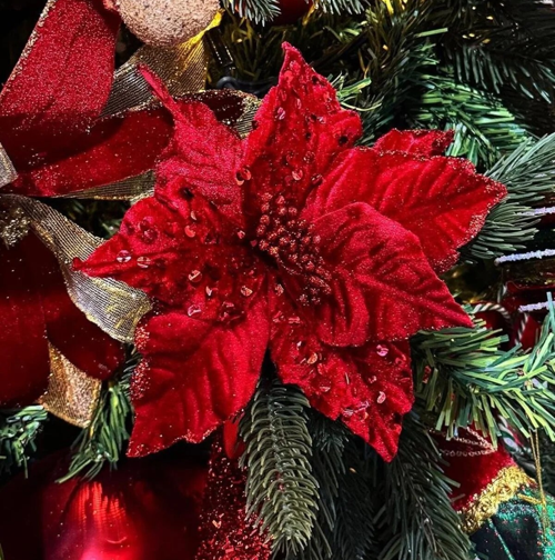 Yapay Kadife Pullu Ponsetya Kırmızı 20 cm Yeni Yıl Yılbaşı