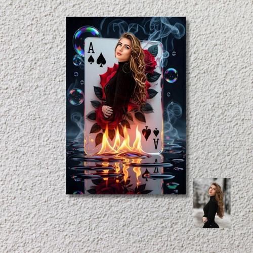 Kişiye Özel Maça Ası Tasarımlı 20x28 cm MDF Poster – Alev ve Su Efektiyle Özel Fotoğraf Baskısı