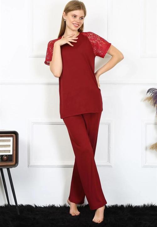 Giyim Kadın Kolu Dantelli Penye Pijama Takım Bordo