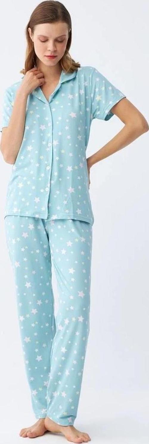 Giyim Kadın Buz Mavisi Yıldız Desenli Önden Düğmeli Pijama Takımı