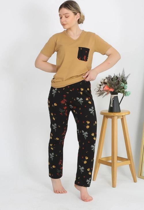 Giyim Kadın Kısa Kol Pamuk Penye Pijama Takım Hardal