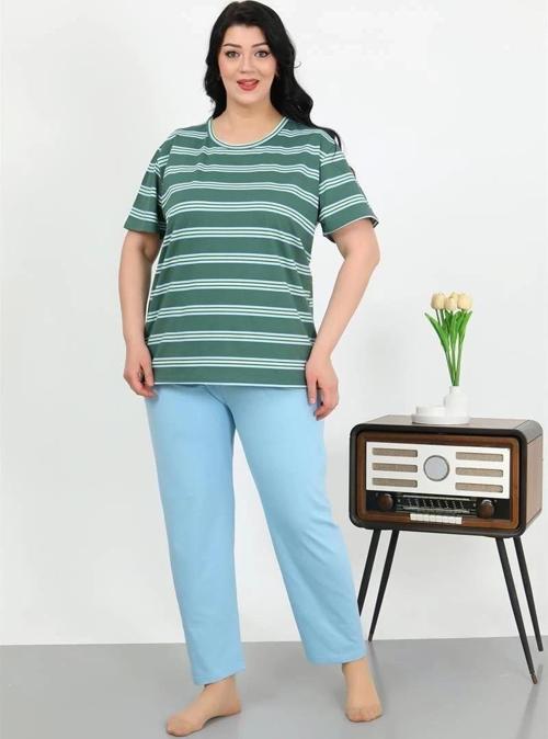 Giyim Kadın Büyük Beden Kısa Kol Penye Pijama Takımı Petrol