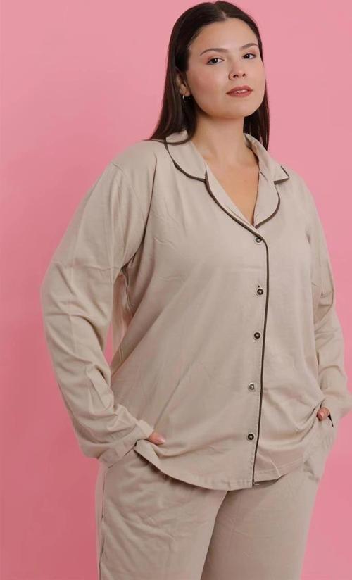 Giyim Kadın Büyük Beden Bej Düğmeli Pijama Takımı