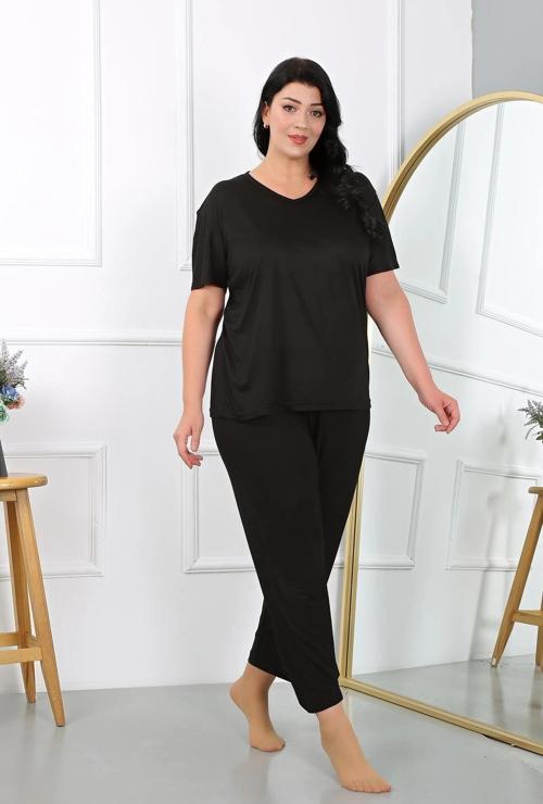 Giyim Kadın Büyük Beden Kısa Kol Penye Pijama Takımı Siyah