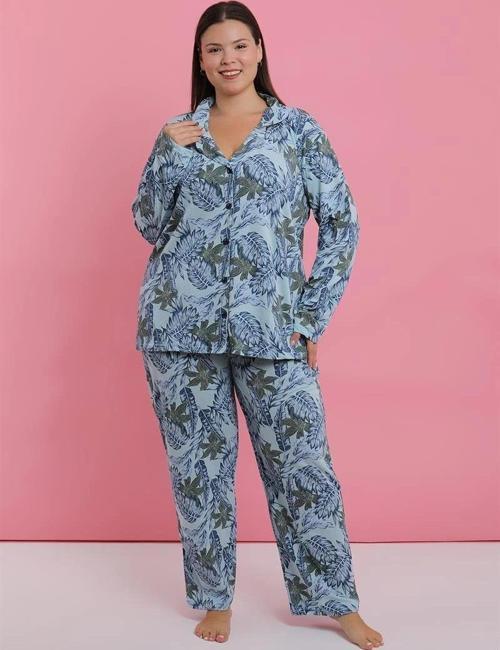Giyim Kadın Büyük Beden Mavi Tropikal Desenli Düğmeli Pijama Takımı