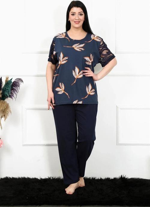 Giyim Kadın 5XL-6XL-7XL-8XL Büyük Beden Kısa Kol Pijama Takım Lacivert