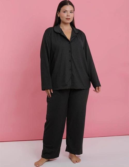 Giyim Kadın Büyük Beden Füme Düğmeli Pijama Takımı