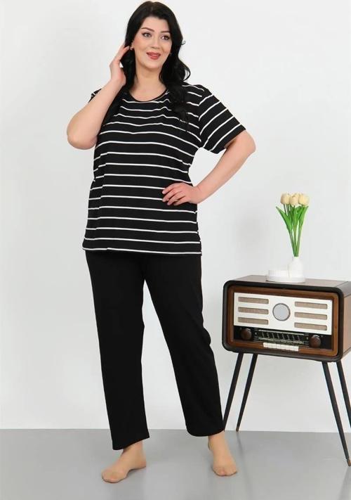 Giyim Kadın Büyük Beden Kısa Kol Penye Pijama Takımı Siyah