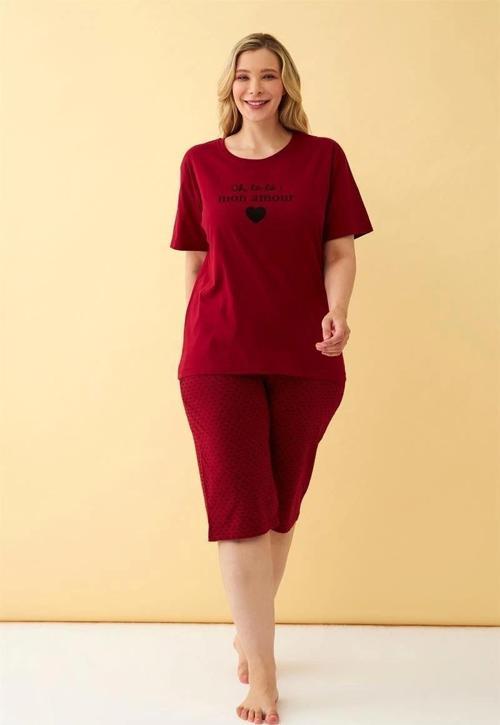 Giyim Kadın Bordo Kalp Desenli Büyük Beden Kapri Pijama Takımı