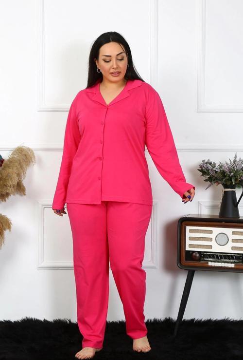 Giyim Kadın Büyük Beden Pamuklu Cepli Düğmeli Fuşya Pijama Takım