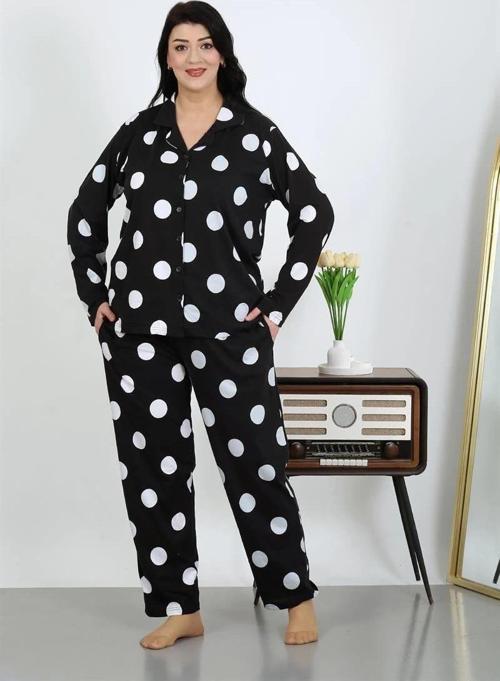 Giyim Kadın Büyük Beden Pamuklu Cepli Düğmeli Siyah Pijama Takım