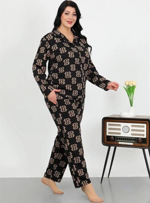 Giyim Kadın Büyük Beden Pamuklu Cepli Düğmeli Siyah Pijama Takım
