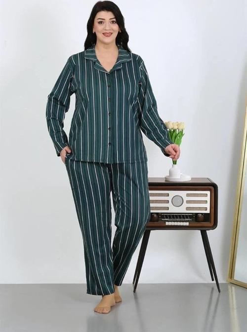 Giyim Kadın Büyük Beden Pamuklu Cepli Düğmeli Petrol Pijama Takım