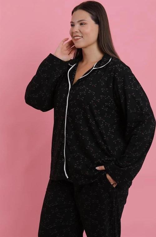 Giyim Kadın Büyük Beden Siyah Beyaz Biyeli Desenli Düğmeli Pijama Takımı