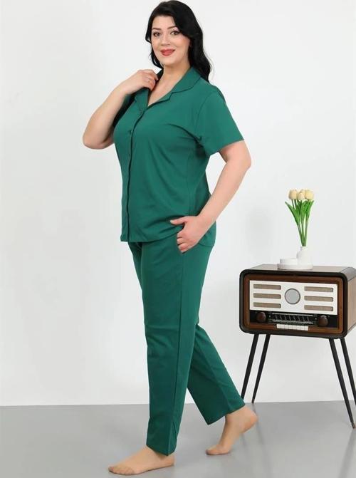 Giyim Kadın Büyük Beden Pamuklu Cepli Düğmeli ZümrütYeşili Pijama Takım