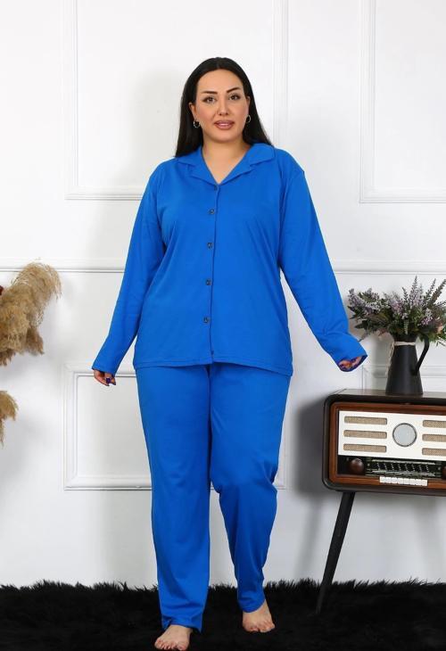 Giyim Kadın Büyük Beden Pamuklu Cepli Düğmeli Saks Pijama Takım