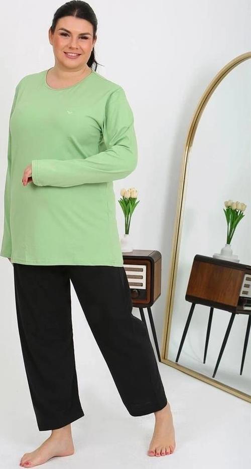 Giyim Kadın Büyük Beden Uzun Kol Penye Pijama Takımı Fıstık Yeşili