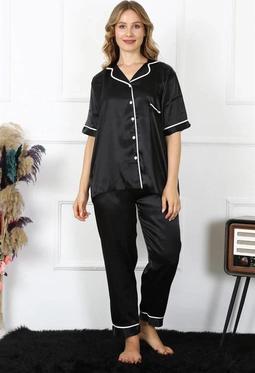 Giyim Kadın Büyük Beden Siyah Saten Pijama Takımı