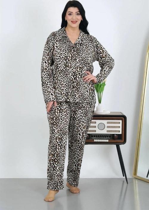 Giyim Kadın Büyük Beden Pamuklu Cepli Düğmeli Kahve Pijama Takım