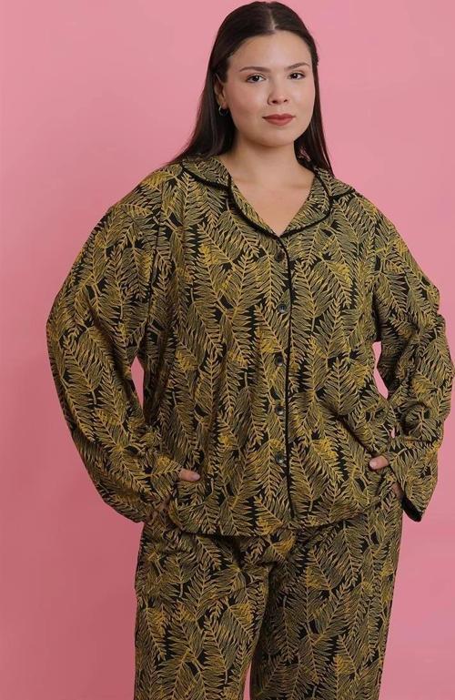 Giyim Kadın Büyük Beden Tropikal Yaprak Desenli Düğmeli Pijama Takımı