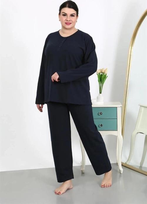 Giyim Kadın Büyük Beden Uzun Kol Penye Pijama Takımı Lacivert