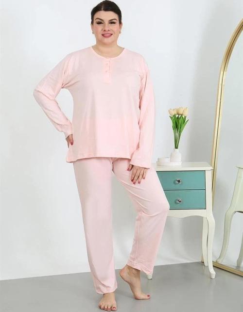 Giyim Kadın Büyük Beden Uzun Kol Penye Pijama Takımı Pembe