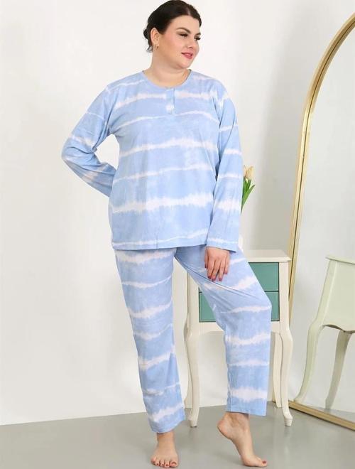 Giyim Kadın Büyük Beden Uzun Kol Penye Pijama Takımı Mavi