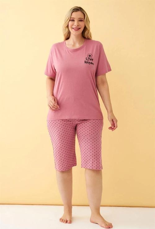 Giyim Kadın Somon “Live the Dream” Yazılı Büyük Beden Kapri Pijama Takımı