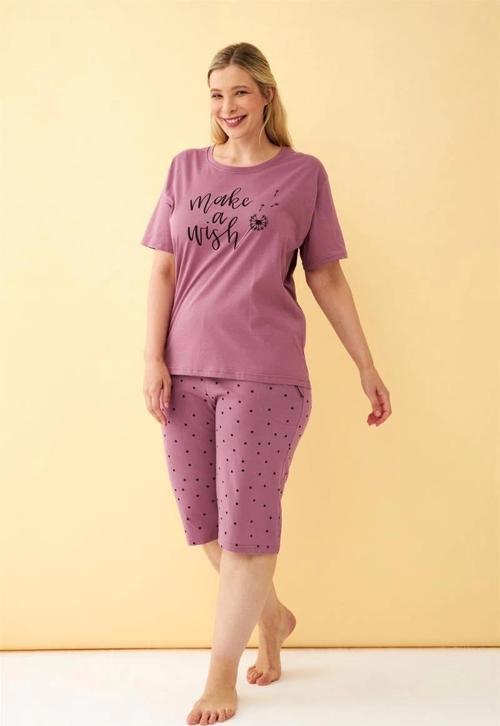 Giyim Kadın Mürdüm “Make a Wish” Yazılı Büyük Beden Kapri Pijama Takımı